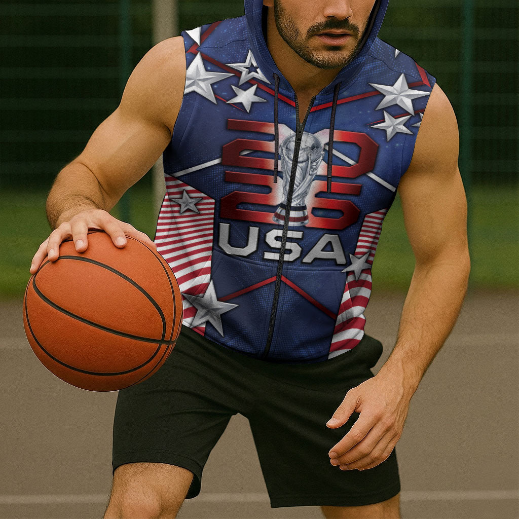 Custom United States Soccer Sleeveless Zip Hoodie American Flag Stars Trophy