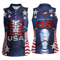 Custom United States Soccer Women Sleeveless Polo Shirt American Flag Stars Trophy