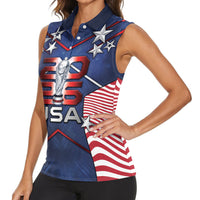 Custom United States Soccer Women Sleeveless Polo Shirt American Flag Stars Trophy