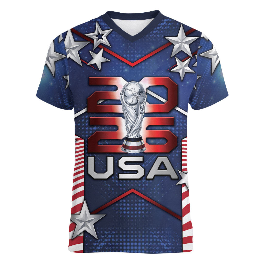 Custom United States Soccer Women V-Neck T-Shirt American Flag Stars Trophy