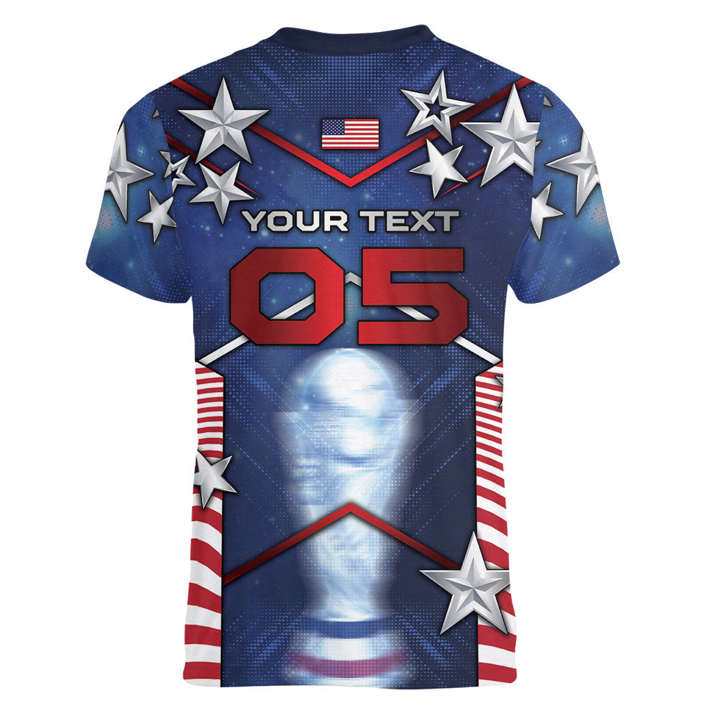 Custom United States Soccer Women V-Neck T-Shirt American Flag Stars Trophy