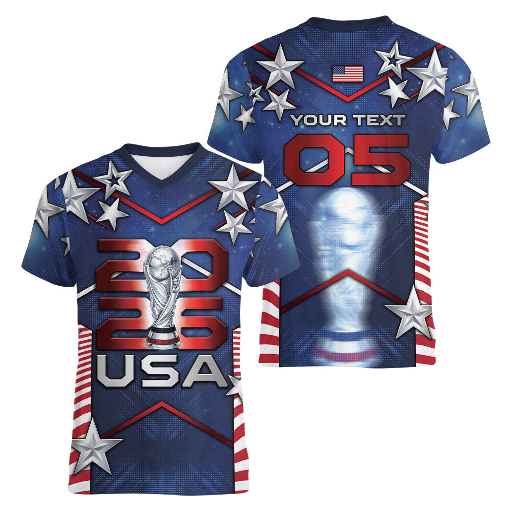 Custom United States Soccer Women V-Neck T-Shirt American Flag Stars Trophy