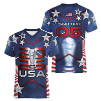 Custom United States Soccer Women V-Neck T-Shirt American Flag Stars Trophy