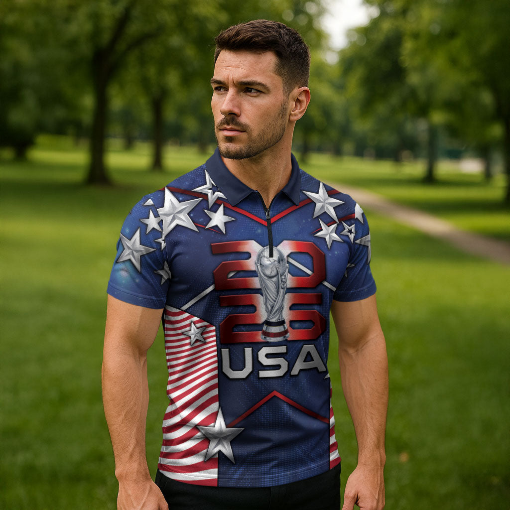 Custom United States Soccer Zipper Polo Shirt American Flag Stars Trophy