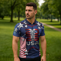 Custom United States Soccer Zipper Polo Shirt American Flag Stars Trophy