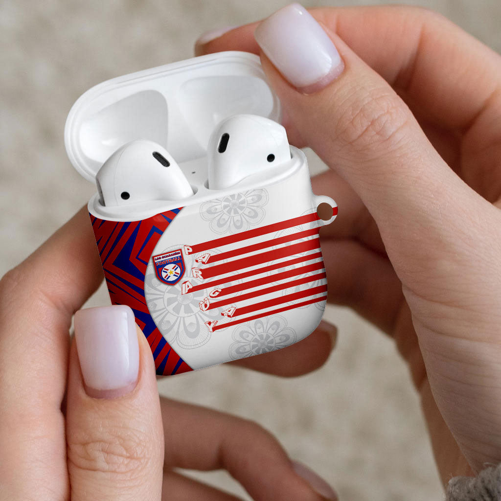 Paraguay Football AirPods Case Stripes Typography With Nanduti Flower Patterns