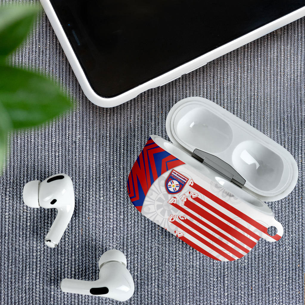 Paraguay Football AirPods Case Stripes Typography With Nanduti Flower Patterns