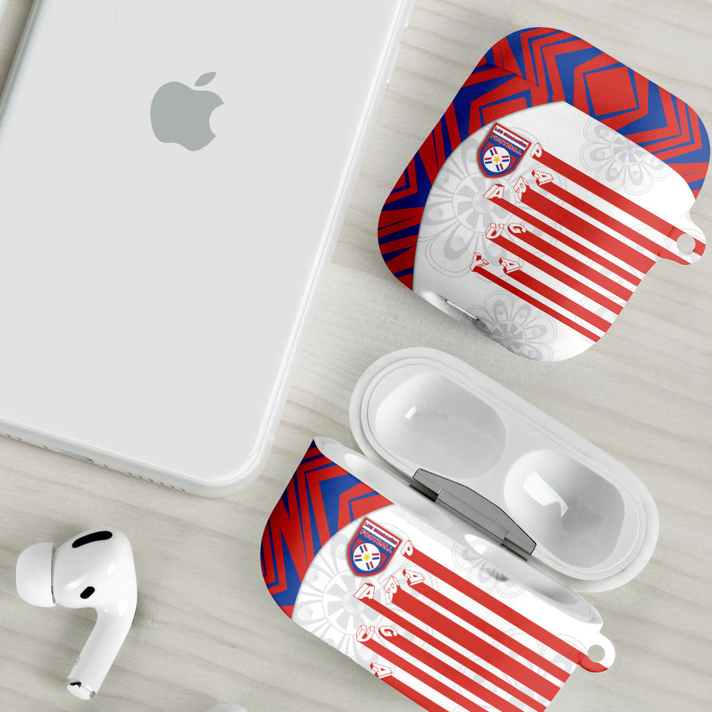 Paraguay Football AirPods Case Stripes Typography With Nanduti Flower Patterns