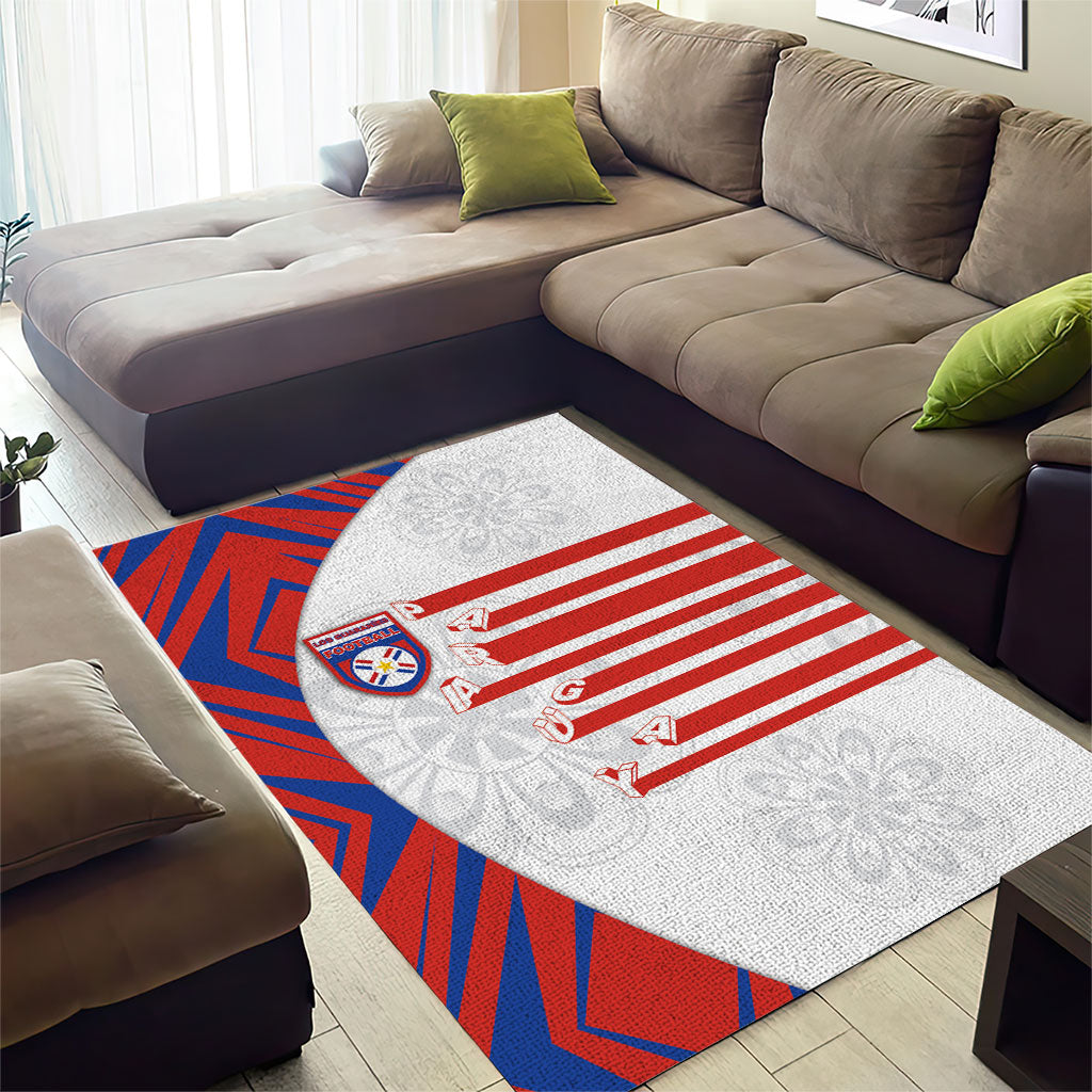 Paraguay Football Area Rug Stripes Typography With Nanduti Flower Patterns