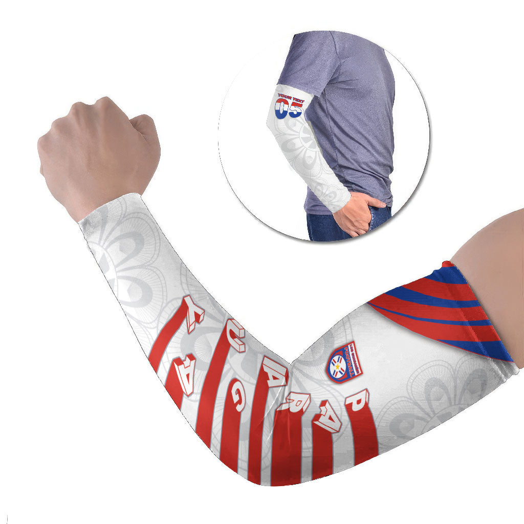 Custom Paraguay Football Arm Sleeves Stripes Typography With Nanduti Flower Patterns
