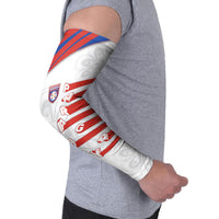 Custom Paraguay Football Arm Sleeves Stripes Typography With Nanduti Flower Patterns