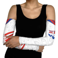 Custom Paraguay Football Arm Sleeves Stripes Typography With Nanduti Flower Patterns
