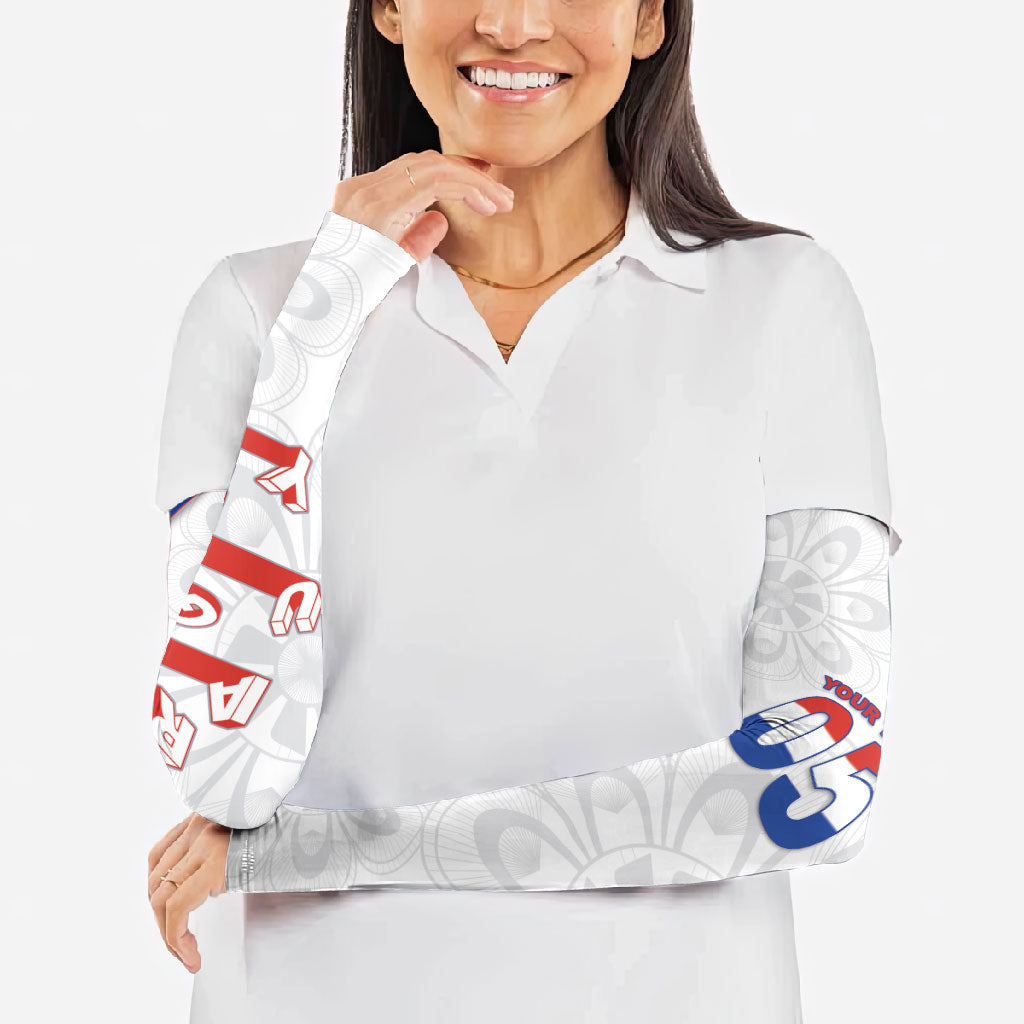 Custom Paraguay Football Arm Sleeves Stripes Typography With Nanduti Flower Patterns