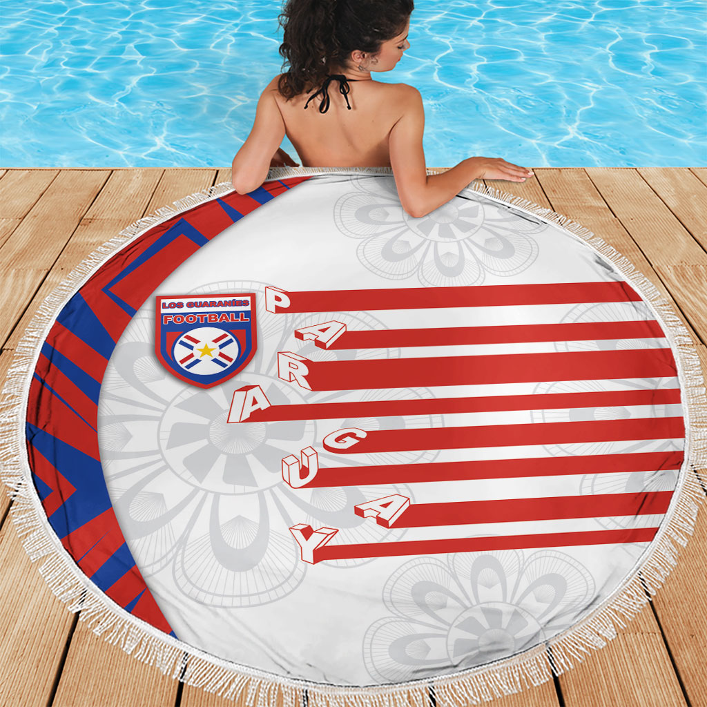 Paraguay Football Beach Blanket Stripes Typography With Nanduti Flower Patterns