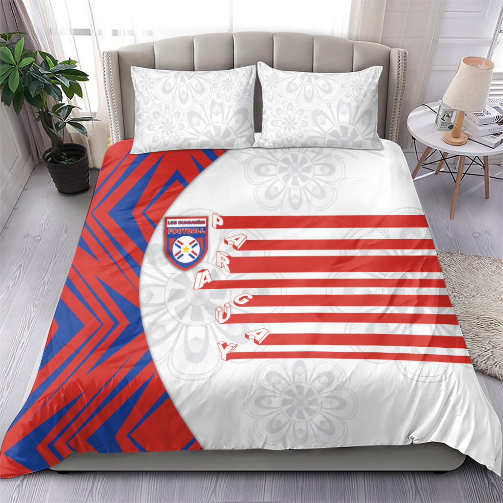Paraguay Football Bedding Set Stripes Typography With Nanduti Flower Patterns