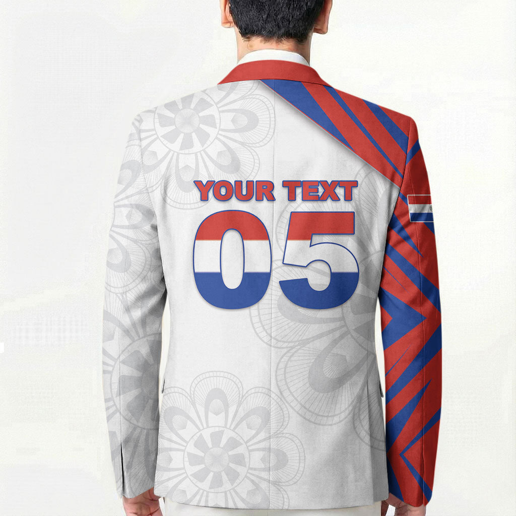 Custom Paraguay Football Blazer Stripes Typography With Nanduti Flower Patterns