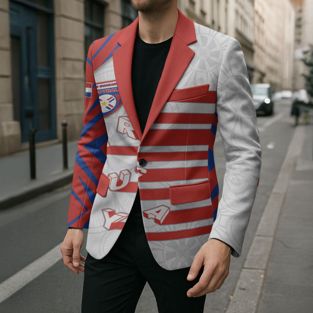 Custom Paraguay Football Blazer Stripes Typography With Nanduti Flower Patterns