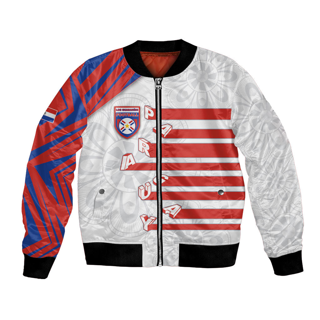 Custom Paraguay Football Bomber Jacket Stripes Typography With Nanduti Flower Patterns
