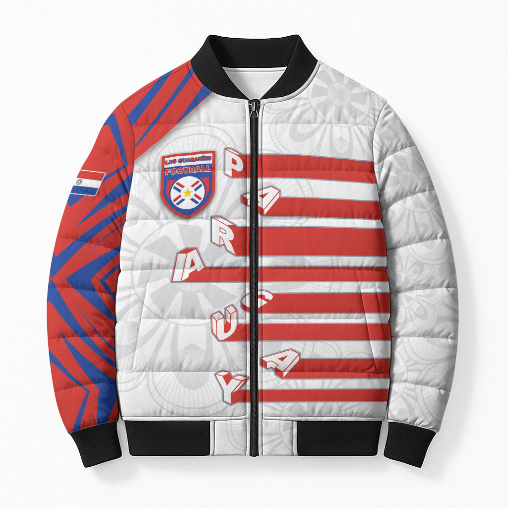 Custom Paraguay Football Bomber Puffer Jacket Stripes Typography With Nanduti Flower Patterns