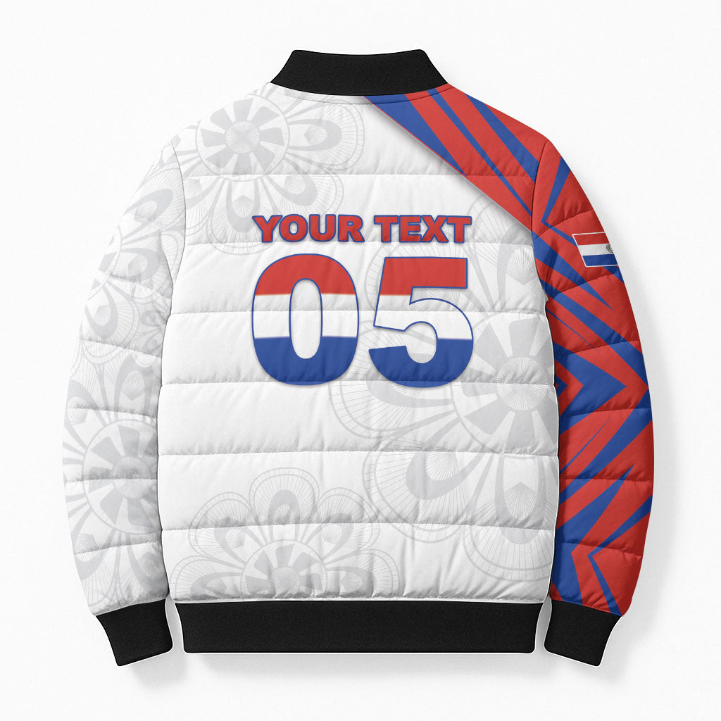 Custom Paraguay Football Bomber Puffer Jacket Stripes Typography With Nanduti Flower Patterns