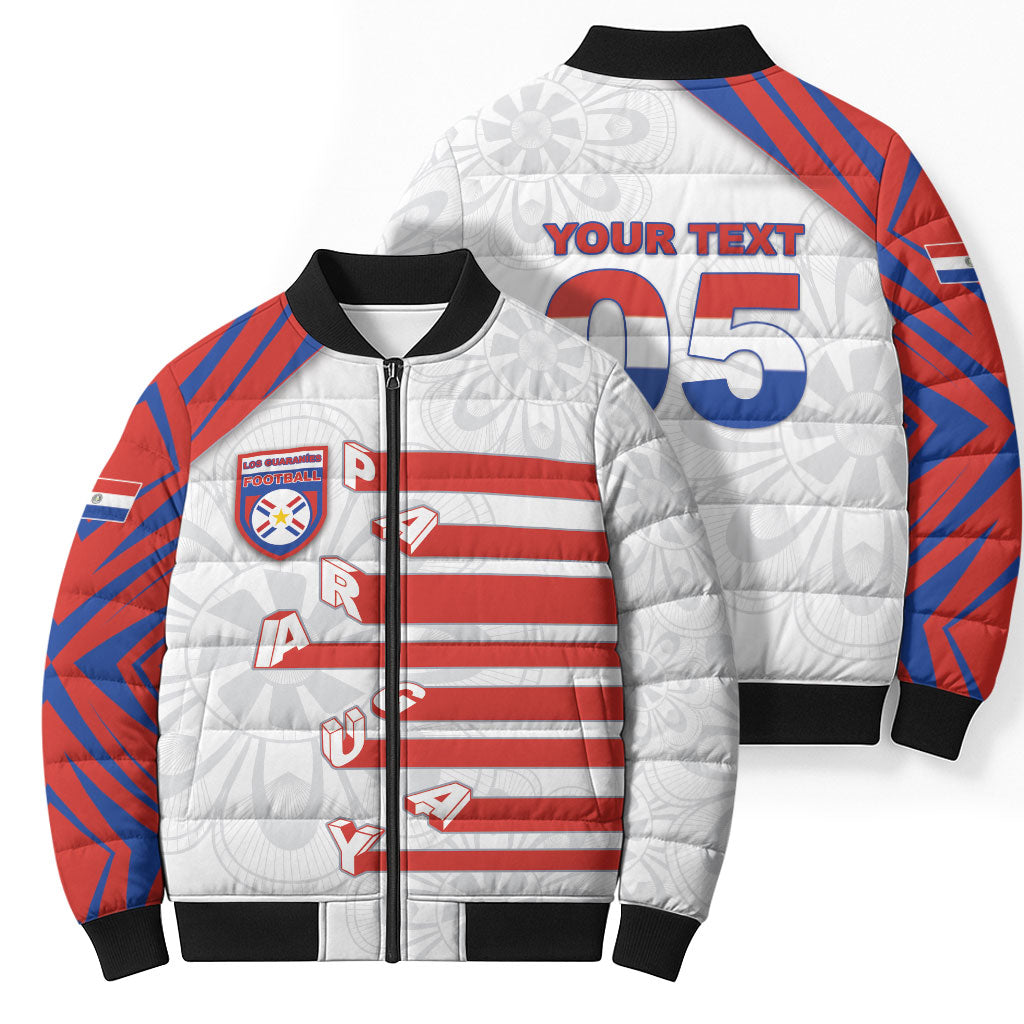 Custom Paraguay Football Bomber Puffer Jacket Stripes Typography With Nanduti Flower Patterns