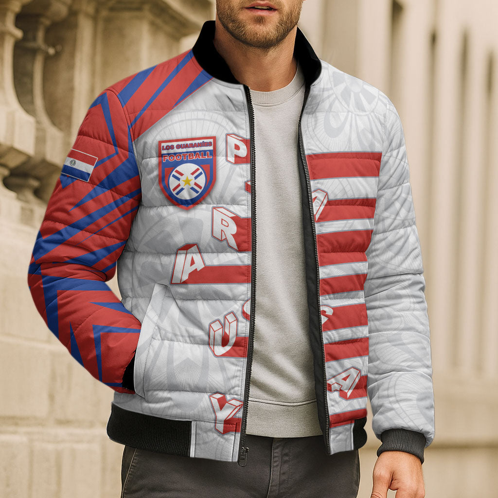 Custom Paraguay Football Bomber Puffer Jacket Stripes Typography With Nanduti Flower Patterns
