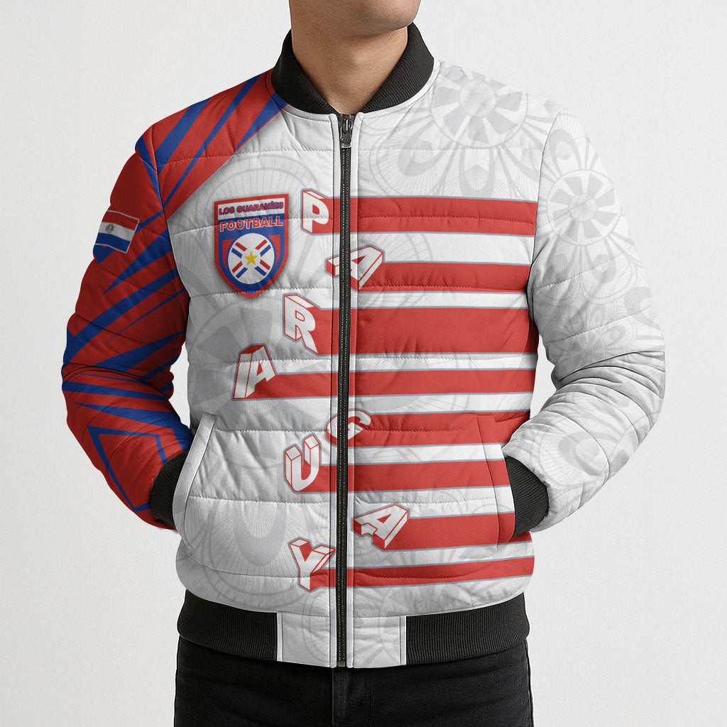 Custom Paraguay Football Bomber Puffer Jacket Stripes Typography With Nanduti Flower Patterns