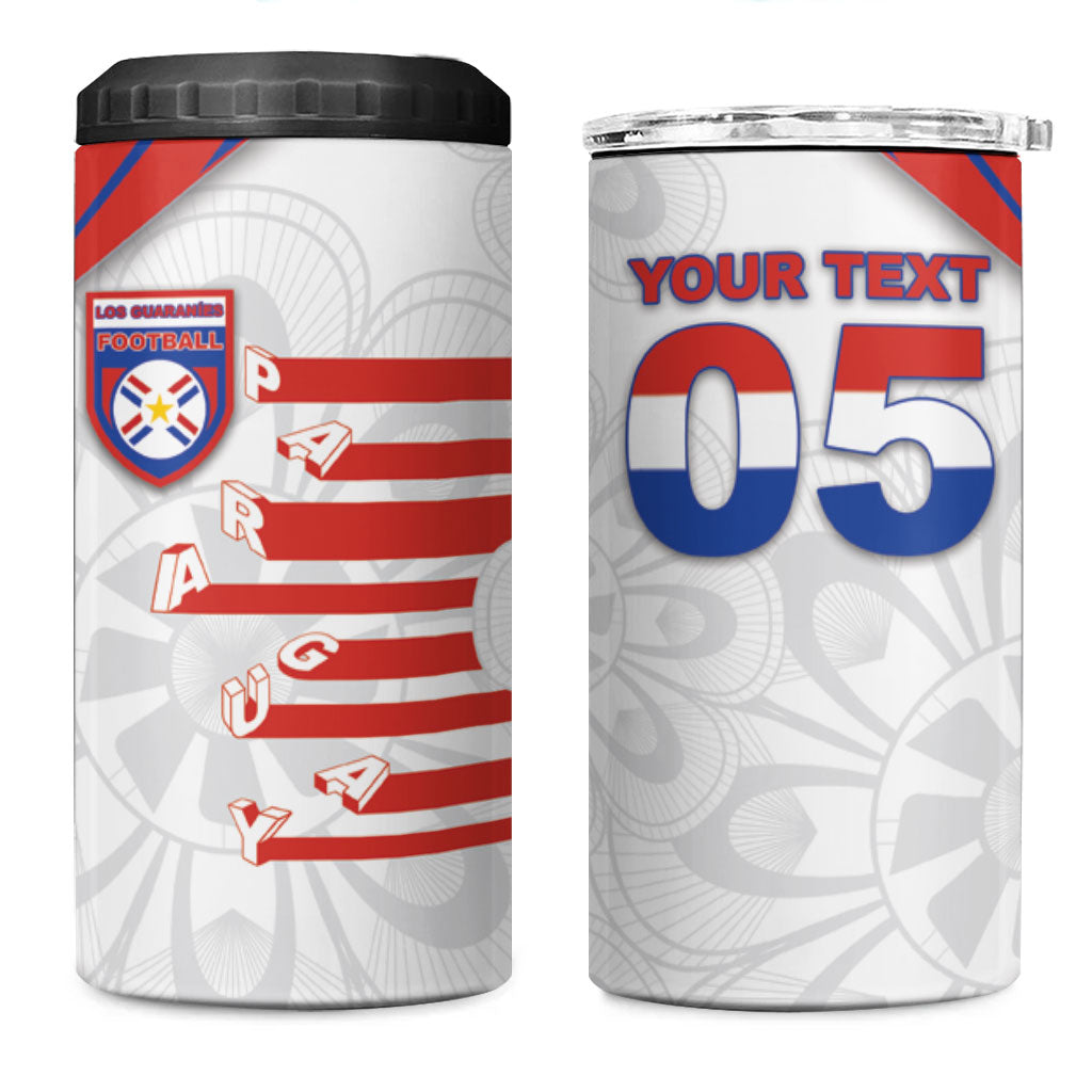 Custom Paraguay Football 4 in 1 Can Cooler Tumbler Stripes Typography With Nanduti Flower Patterns