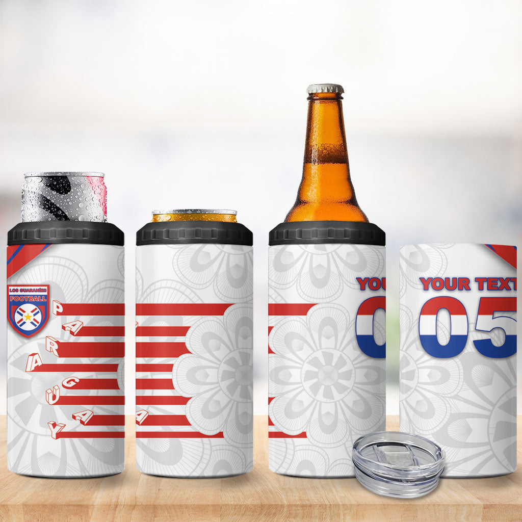 Custom Paraguay Football 4 in 1 Can Cooler Tumbler Stripes Typography With Nanduti Flower Patterns
