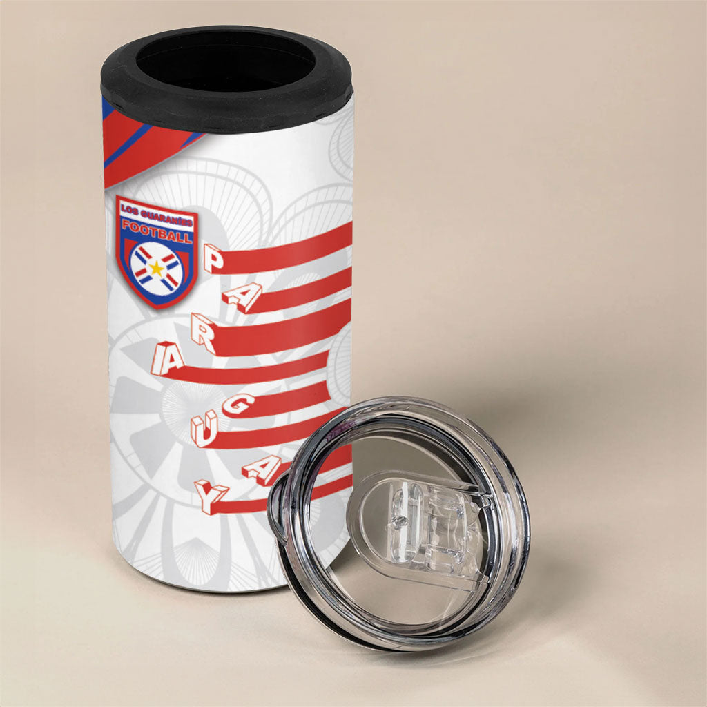 Custom Paraguay Football 4 in 1 Can Cooler Tumbler Stripes Typography With Nanduti Flower Patterns