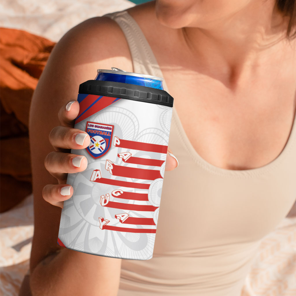 Custom Paraguay Football 4 in 1 Can Cooler Tumbler Stripes Typography With Nanduti Flower Patterns