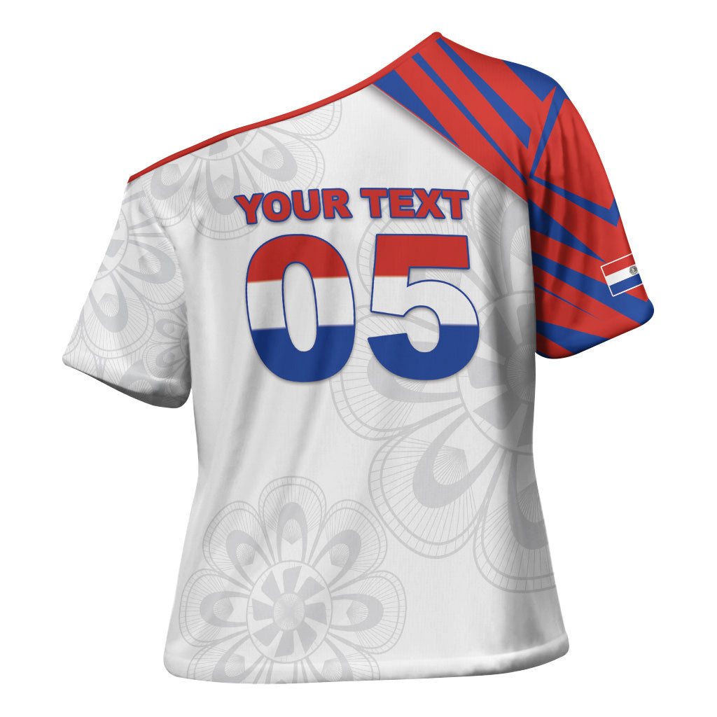 Custom Paraguay Football Cross Shoulder Shirt Stripes Typography With Nanduti Flower Patterns