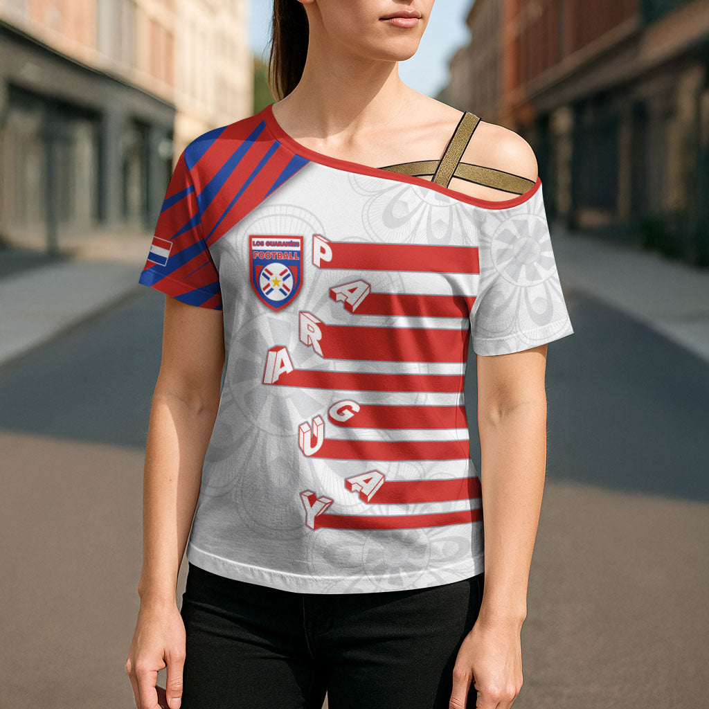 Custom Paraguay Football Cross Shoulder Shirt Stripes Typography With Nanduti Flower Patterns