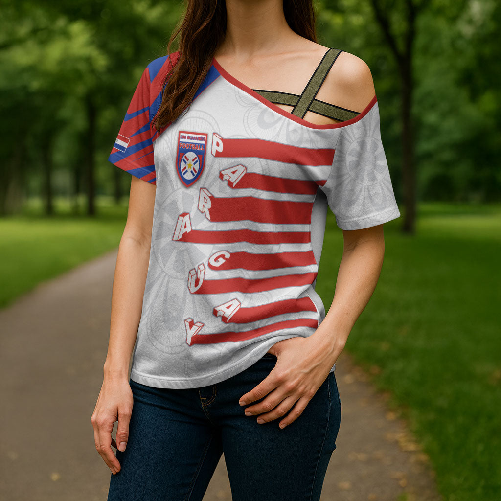 Custom Paraguay Football Cross Shoulder Shirt Stripes Typography With Nanduti Flower Patterns
