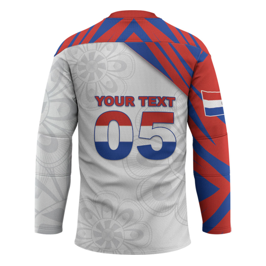 Custom Paraguay Football Hockey Jersey Stripes Typography With Nanduti Flower Patterns