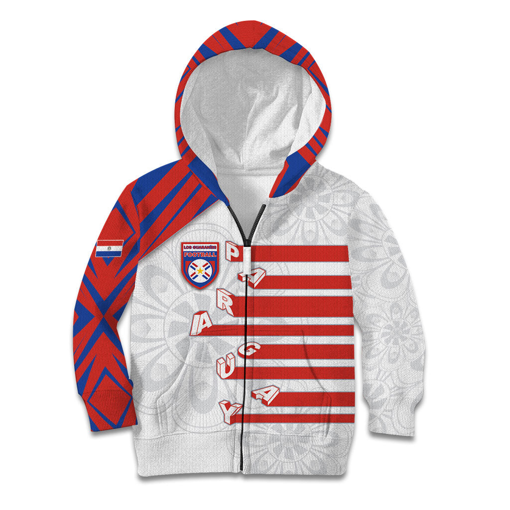 Custom Paraguay Football Kid Hoodie Stripes Typography With Nanduti Flower Patterns