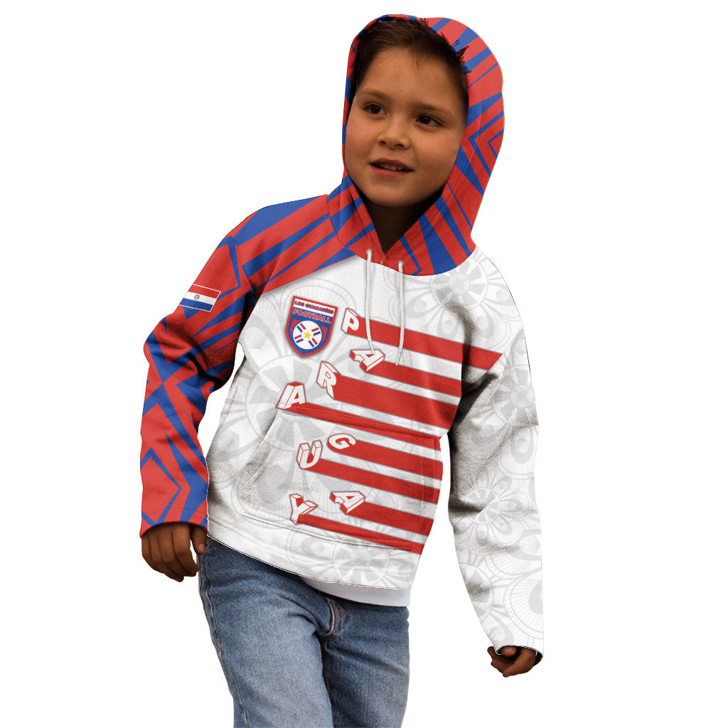 Custom Paraguay Football Kid Hoodie Stripes Typography With Nanduti Flower Patterns