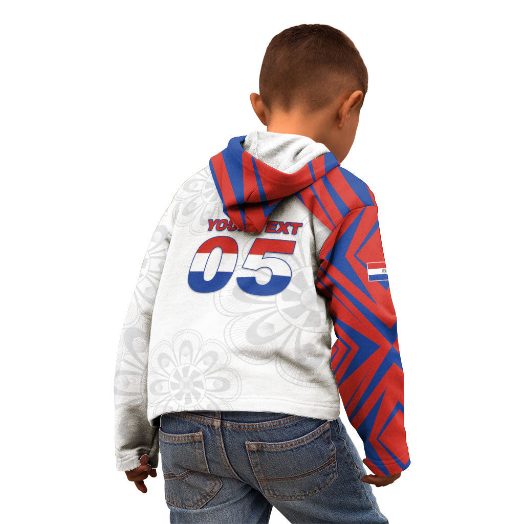 Custom Paraguay Football Kid Hoodie Stripes Typography With Nanduti Flower Patterns