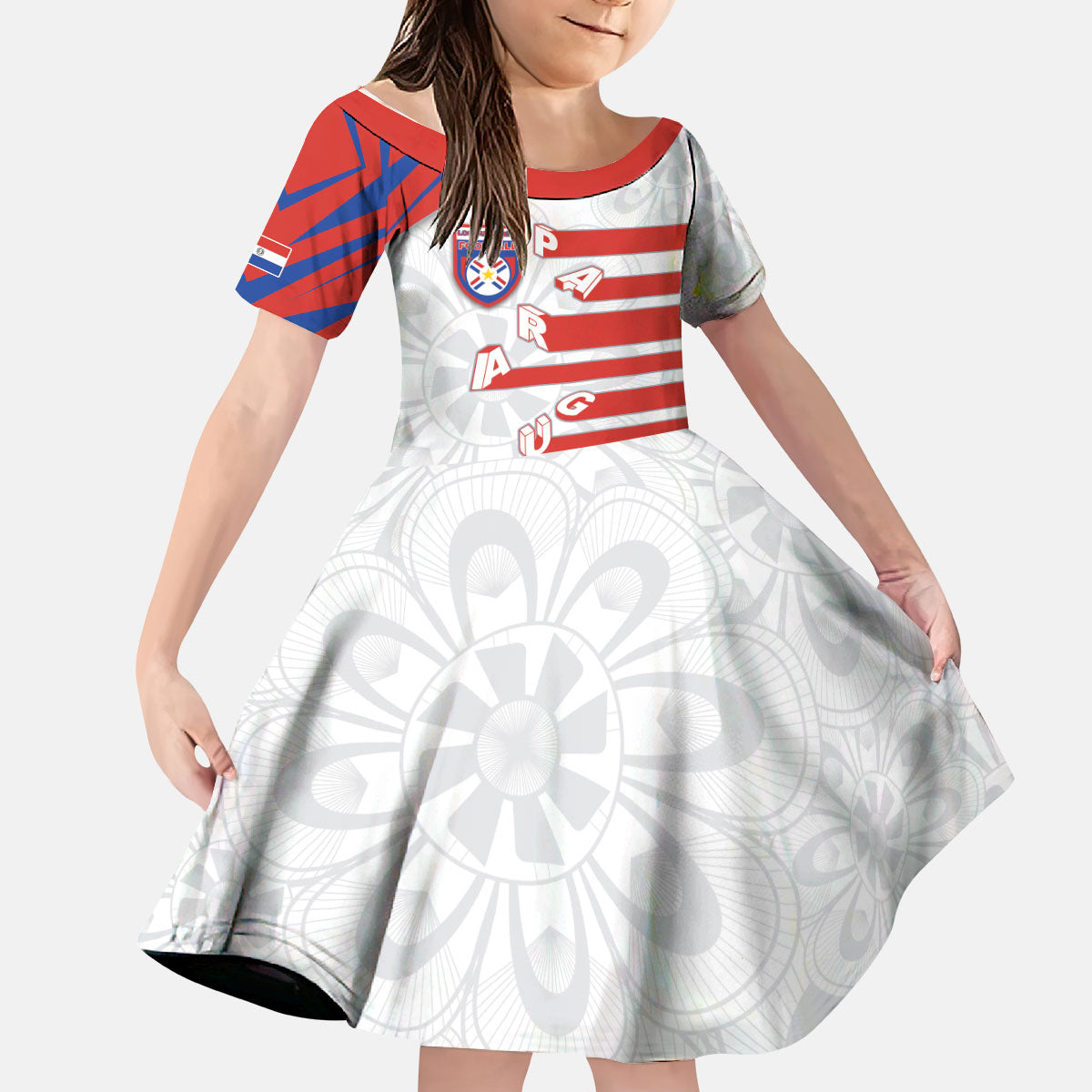 Custom Paraguay Football Kid Short Sleeve Dress Stripes Typography With Nanduti Flower Patterns