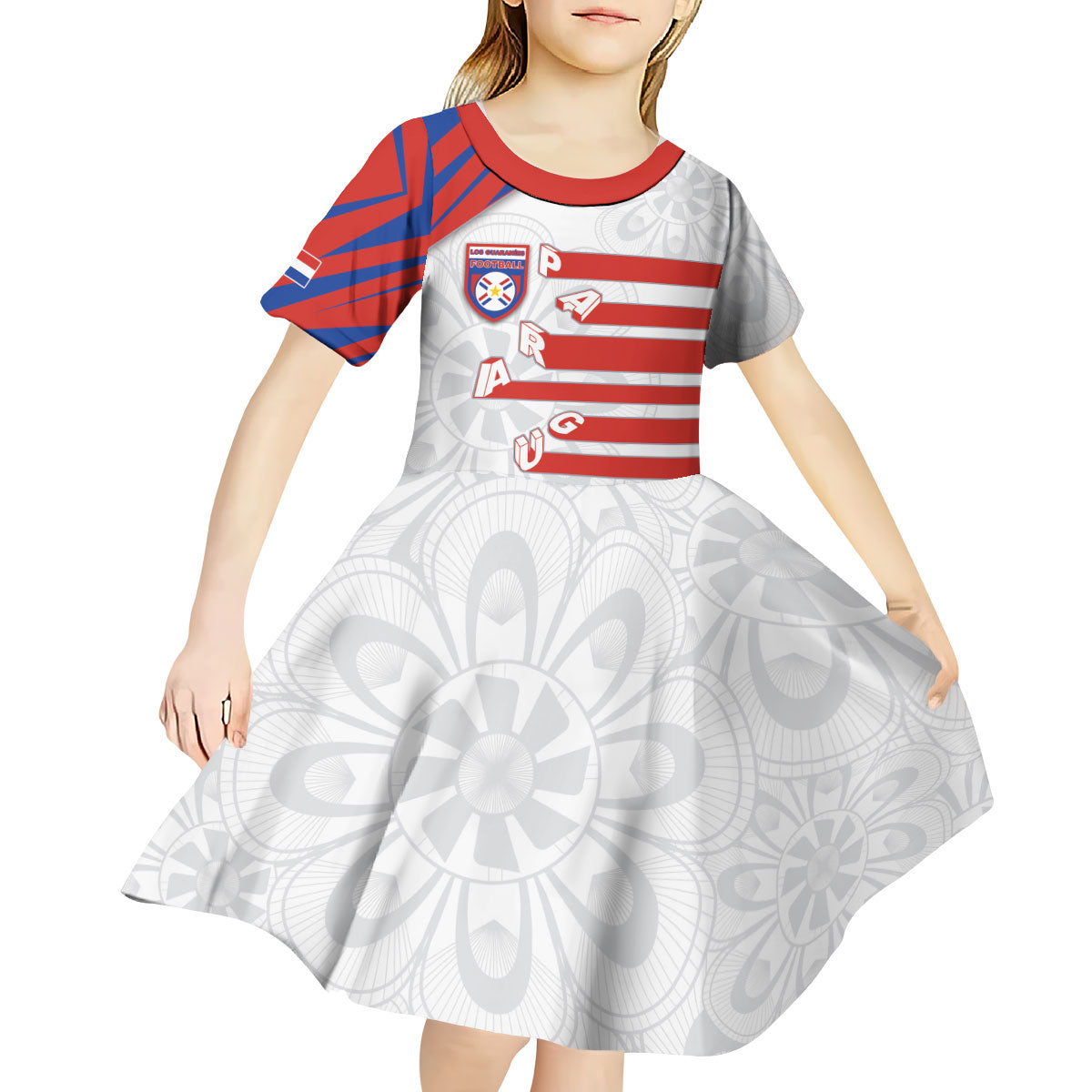 Custom Paraguay Football Kid Short Sleeve Dress Stripes Typography With Nanduti Flower Patterns