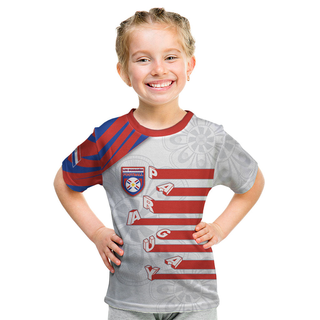 Custom Paraguay Football Kid T Shirt Stripes Typography With Nanduti Flower Patterns