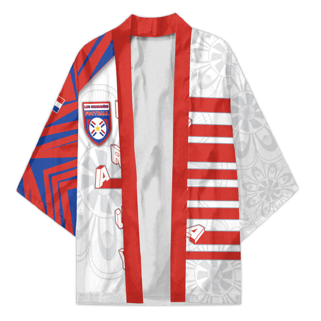 Custom Paraguay Football Kimono Stripes Typography With Nanduti Flower Patterns