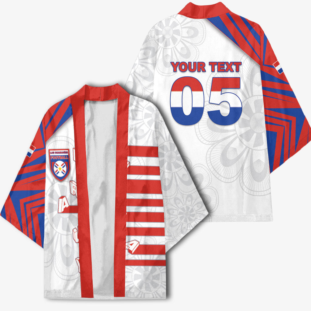 Custom Paraguay Football Kimono Stripes Typography With Nanduti Flower Patterns