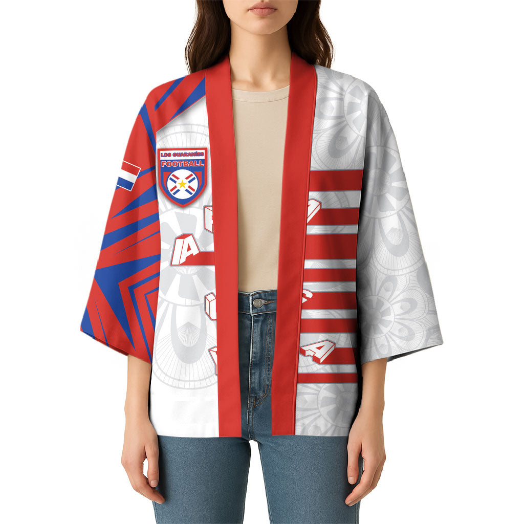 Custom Paraguay Football Kimono Stripes Typography With Nanduti Flower Patterns