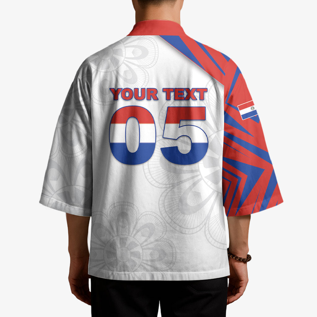 Custom Paraguay Football Kimono Stripes Typography With Nanduti Flower Patterns