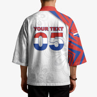 Custom Paraguay Football Kimono Stripes Typography With Nanduti Flower Patterns