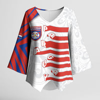 Custom Paraguay Football Kimono Sleeve Blouse Stripes Typography With Nanduti Flower Patterns
