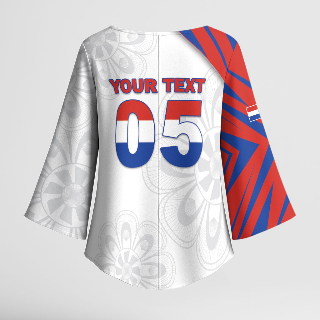 Custom Paraguay Football Kimono Sleeve Blouse Stripes Typography With Nanduti Flower Patterns