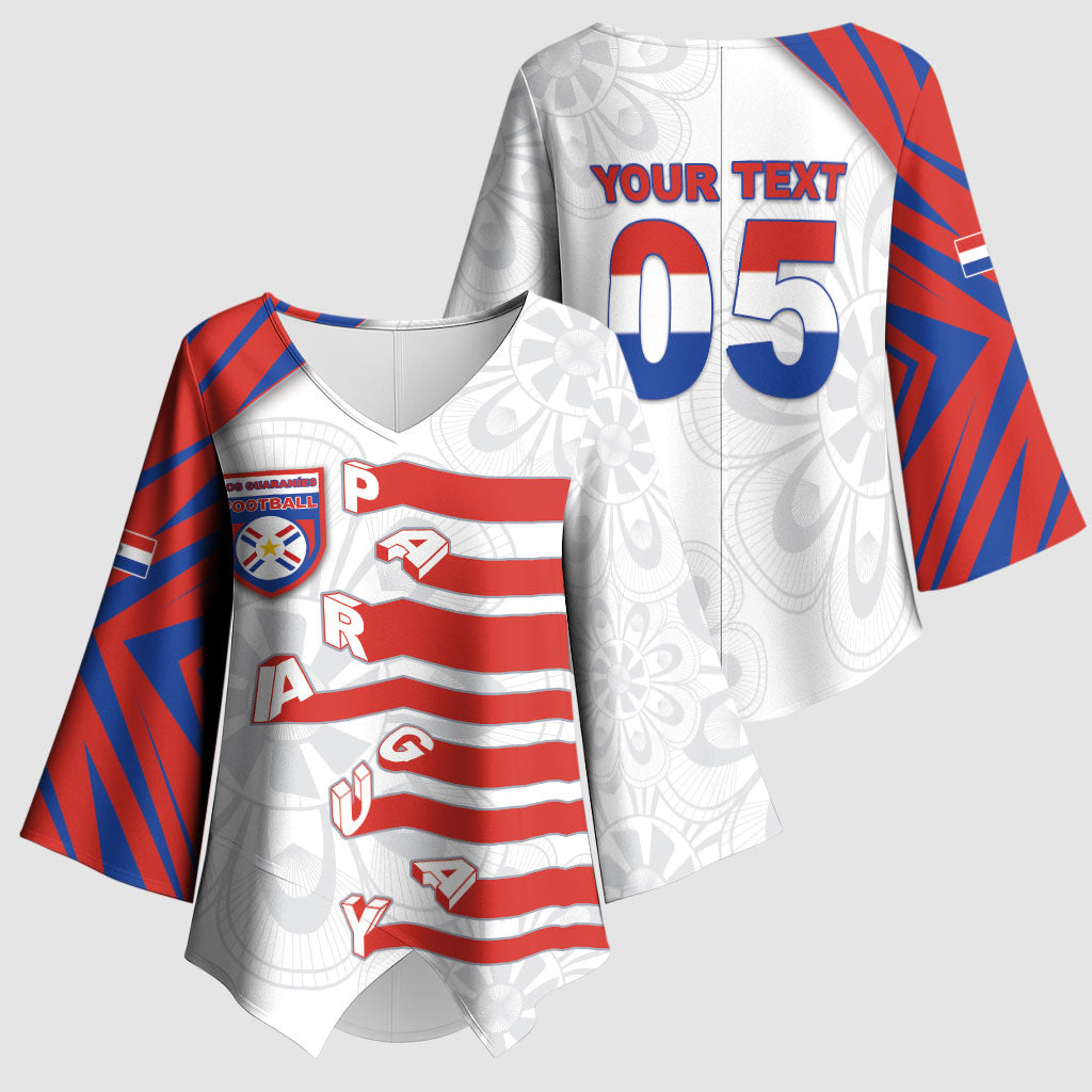 Custom Paraguay Football Kimono Sleeve Blouse Stripes Typography With Nanduti Flower Patterns
