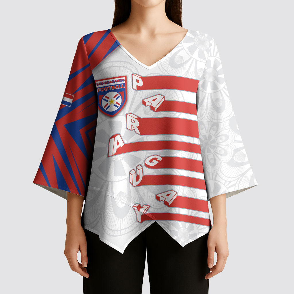 Custom Paraguay Football Kimono Sleeve Blouse Stripes Typography With Nanduti Flower Patterns